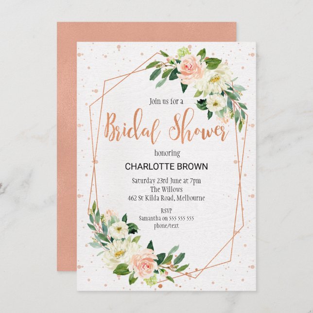 Rose Gold Floral Line Art Bridal Shower Invitation (Front/Back)
