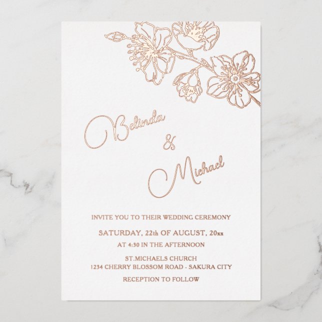 Rose Gold Floral Line Art | Photo Wedding Foil Invitation (Front)