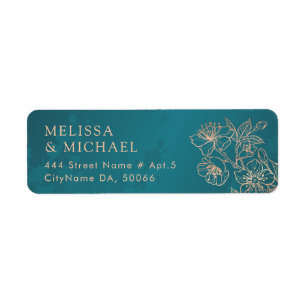Rose Gold Floral Line Art Teal Wedding Label