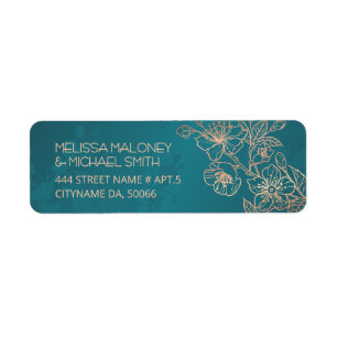 Rose Gold Floral Line Art Teal Wedding Label