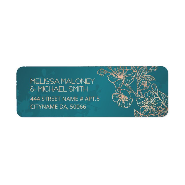 Rose Gold Floral Line Art Teal Wedding Label (Front)