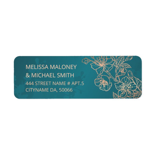 Rose Gold Floral Line Art Teal Wedding Label (Front)