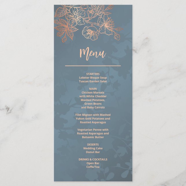 Rose Gold Floral Line Art Wedding Menu (Front)