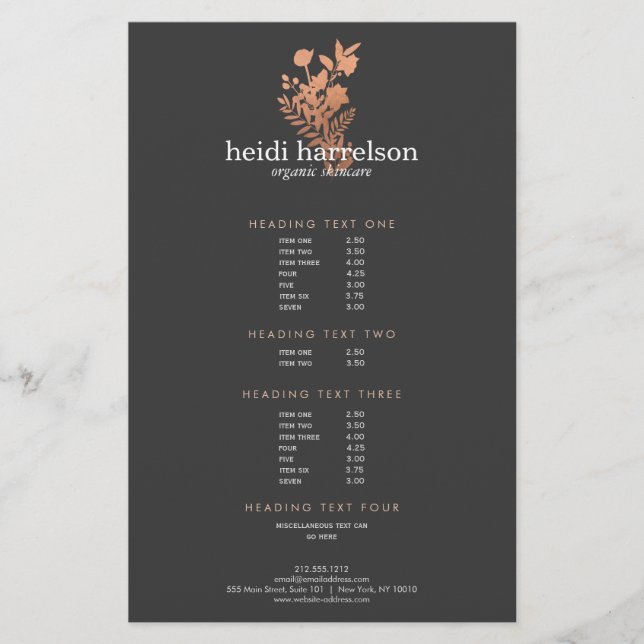 Rose Gold Floral Logo Dark Gray Salon Price List Flyer (Front)