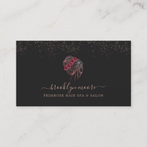 Rose Gold Floral Logo Hair Stylist  Elegant Business Card
