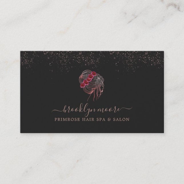 Rose Gold Floral Logo Hair Stylist | Elegant Business Card (Front)