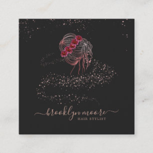 Rose Gold Floral Logo Hair Stylist Elegant Square Business Card