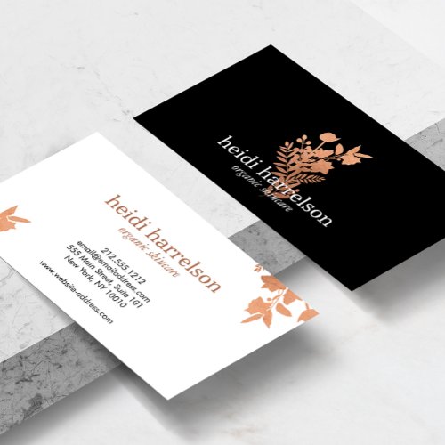 Rose Gold Floral Logo on Black Business Card