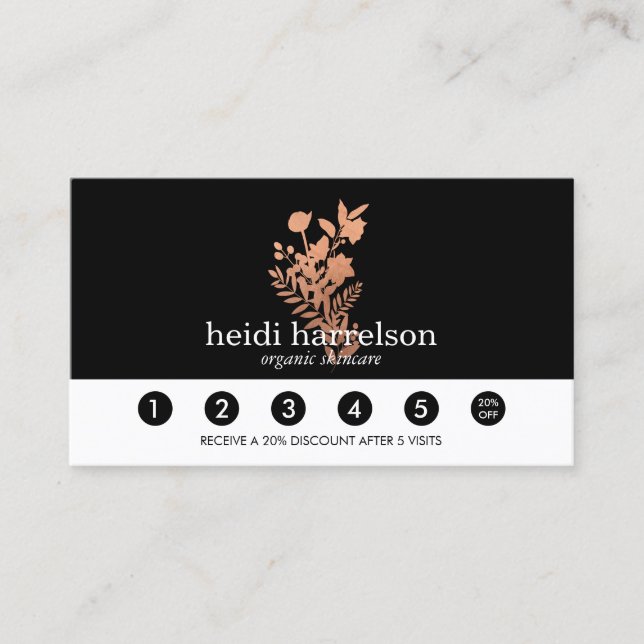 Rose Gold Floral Logo on Black Loyalty Card (Front)