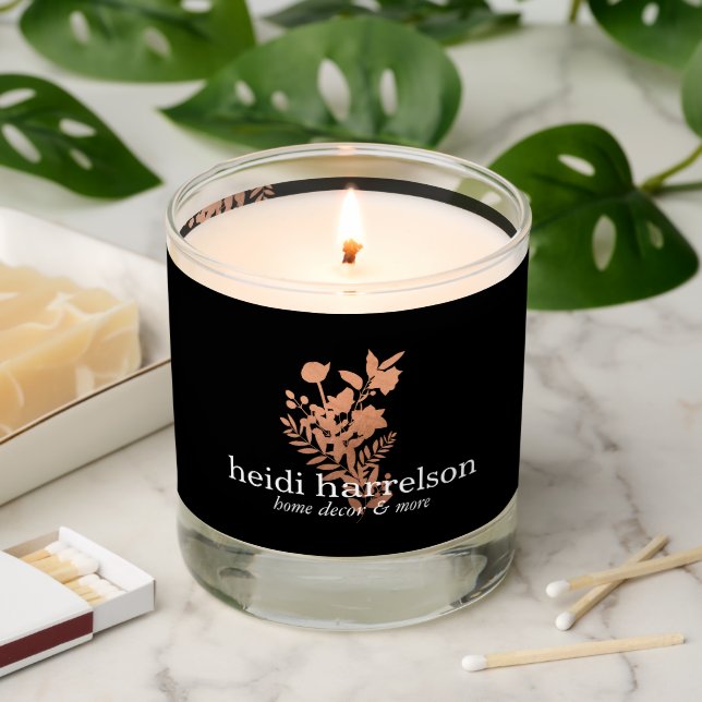 Rose Gold Floral Logo on Black Scented Candle (Lit)
