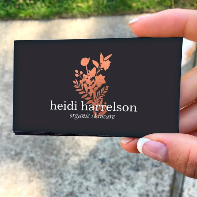 Rose Gold Floral Logo on Dark Gray Business Card (Creator Uploaded)