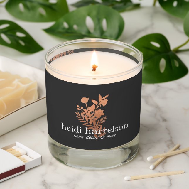 Rose Gold Floral Logo on Dark Gray Scented Candle (Lit)