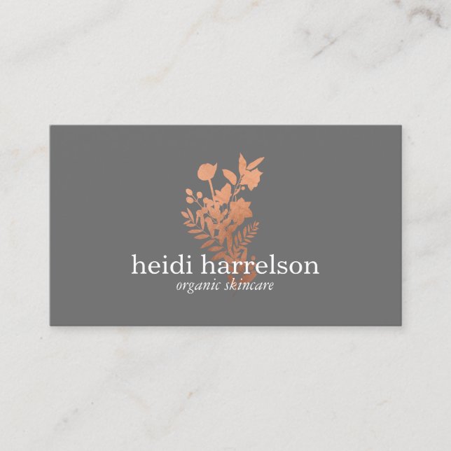 Rose Gold Floral Logo on Gray Business Card (Front)