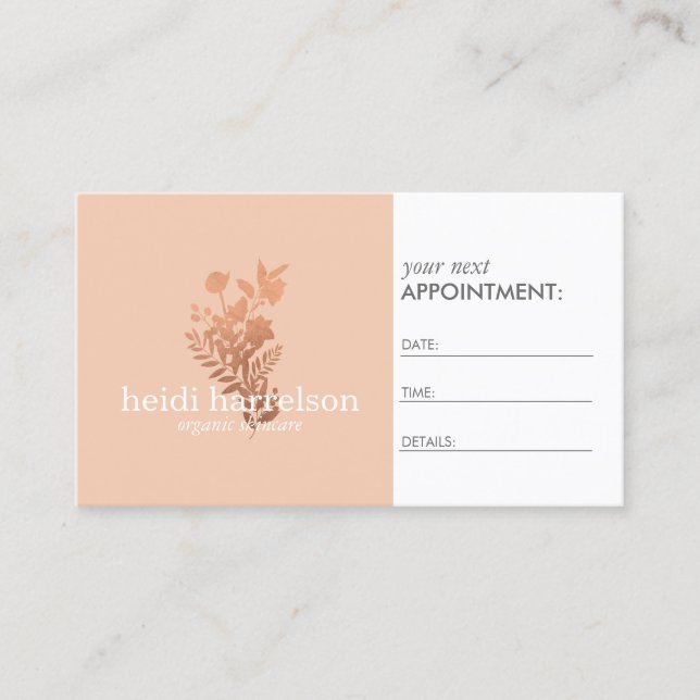 Rose Gold Floral Logo on Peach Appointment Card (Front)