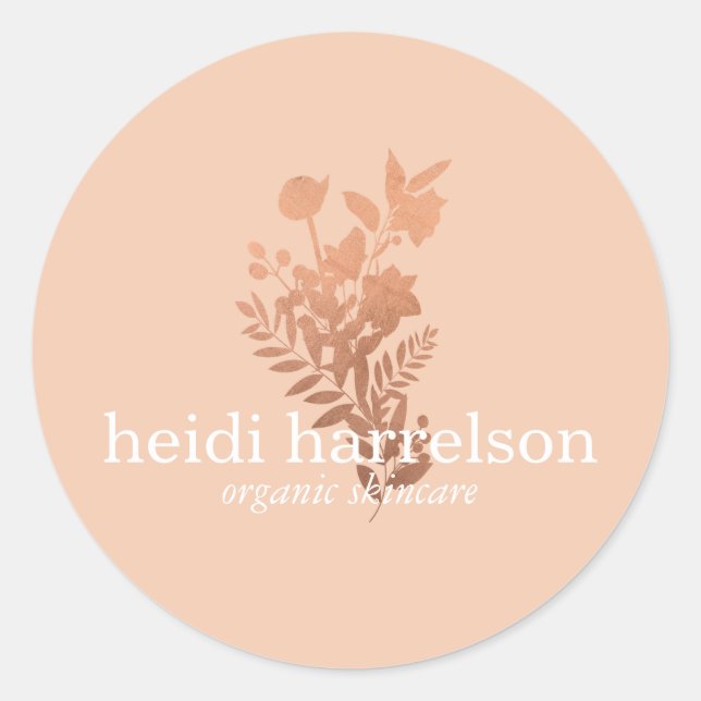 Rose Gold Floral Logo on Peach Classic Round Sticker (Front)