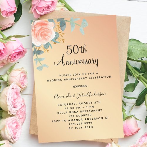 Rose gold floral luxury 50th wedding anniversary invitation