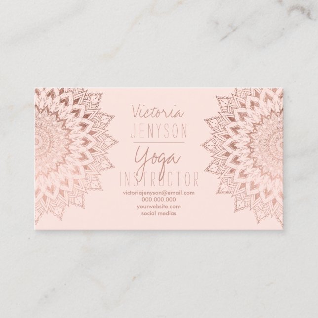 Rose gold floral mandala blush yoga instructor business card (Front)