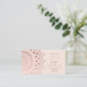 Rose gold floral mandala blush yoga instructor business card (Standing Front)