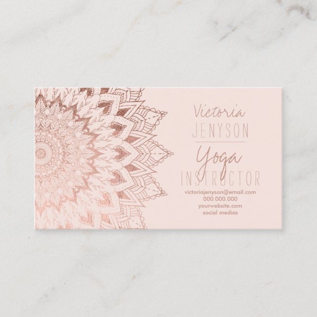 Rose gold floral mandala blush yoga instructor business card (Front)
