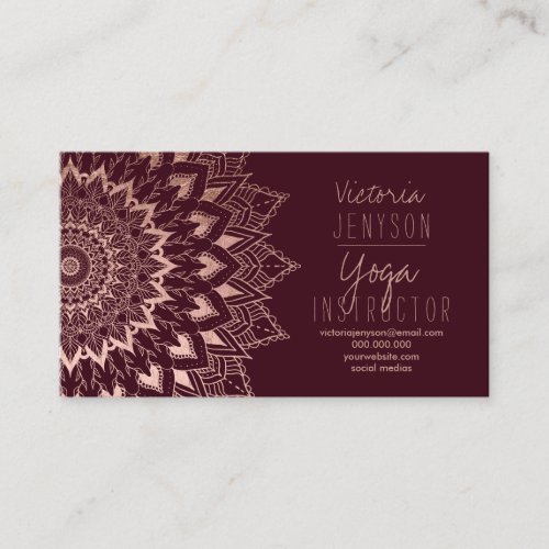 Rose gold floral mandala burgundy yoga instructor business card