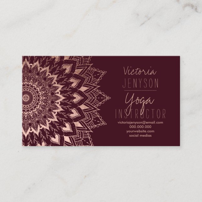 Rose gold floral mandala burgundy yoga instructor business card (Front)