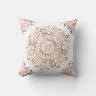 Rose-gold floral mandala on white background throw pillow