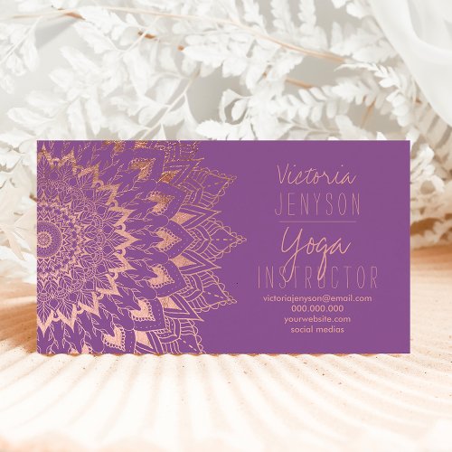 Rose gold floral mandala purple yoga instructor business card