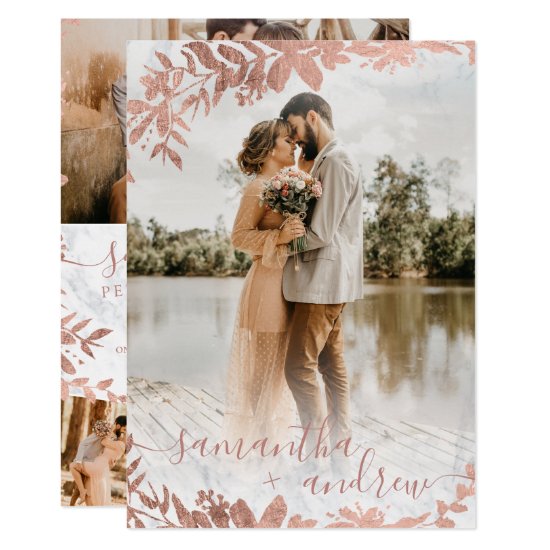 Rose gold floral marble script 5 photos wedding invitation