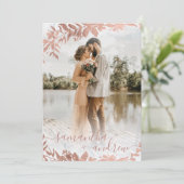Rose gold floral marble script 5 photos wedding invitation (Standing Front)