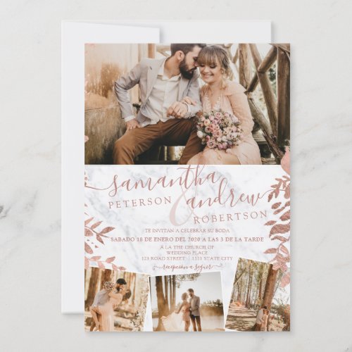 Rose gold floral marble spanish 5 photos wedding invitation