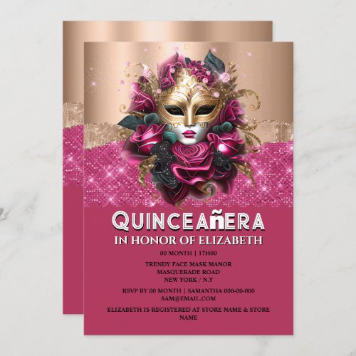 Rose gold floral masquerade Quinceaera birthday  Invitation