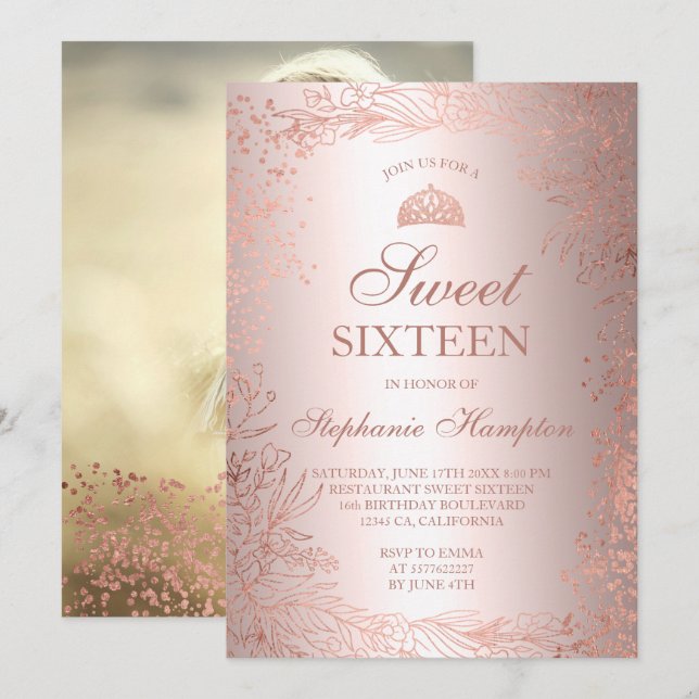 Rose gold floral metallic Tiara chic Sweet 16 Invitation (Front/Back)