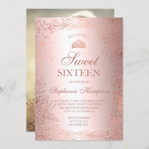 Rose gold floral metallic Tiara chic Sweet 16 Invitation