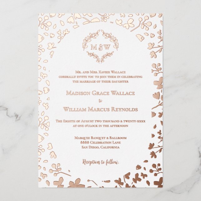 Rose Gold Floral Monogram Elegant Wedding  Foil Invitation (Front)