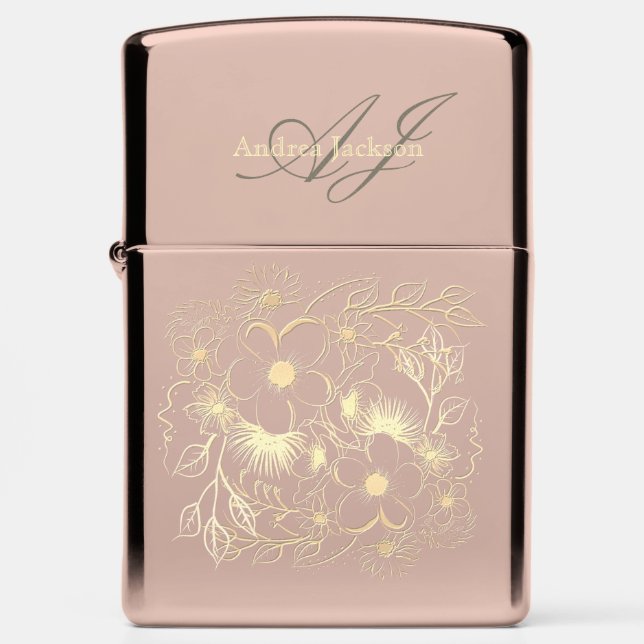 Rose Gold Floral Monogram Name Zippo Lighter (Front)
