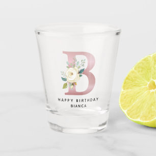Rose Gold Floral Monogram Personalized Birthday Shot Glass