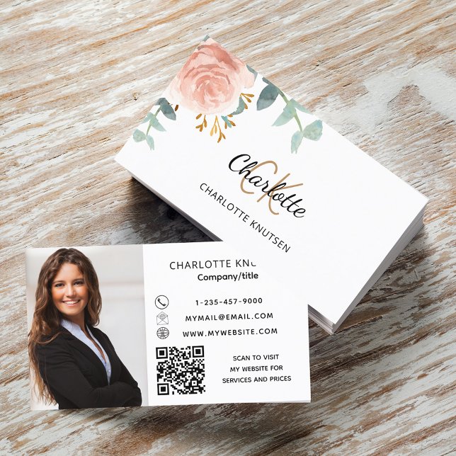 Rose gold floral monogram photo Qr code Business Card (Creator Uploaded)