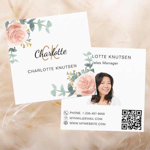 Rose gold floral monogram photo Qr code Square Business Card