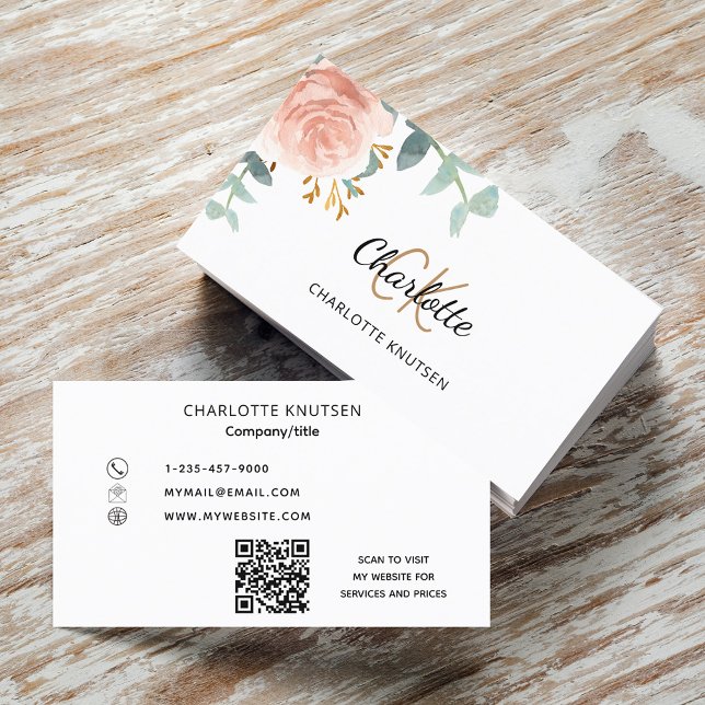 Rose gold floral monogram Qr code Business Card (Creator Uploaded)