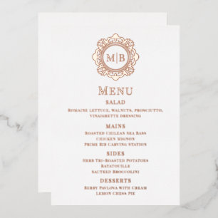 Rose Gold Floral Monogram Real Foil Wedding Menu Invitation