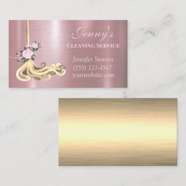 Rose & Gold Floral Mop House Cleaning Services Business Card (Front/Back)