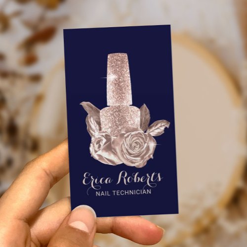 Rose Gold Floral Nail Polish Navy Manicurist Business Card