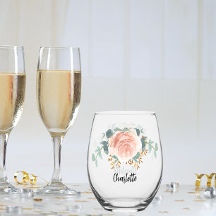 Rose gold floral name script stemless wine glass