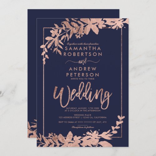 Rose gold Floral navy blue border script wedding Invitation