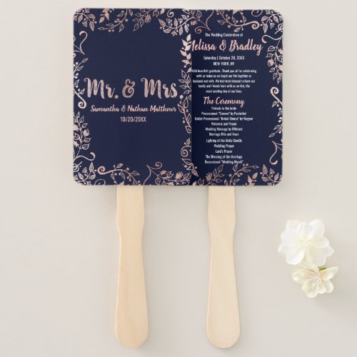 Rose Gold Floral Navy Blue Brush Script Program Hand Fan