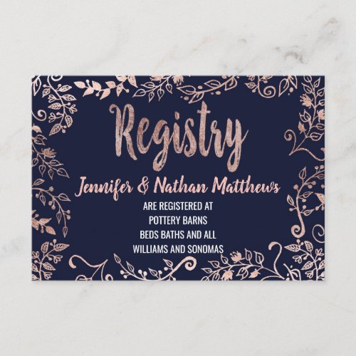 Rose Gold Floral Navy Blue Brush Script Registry Enclosure Card