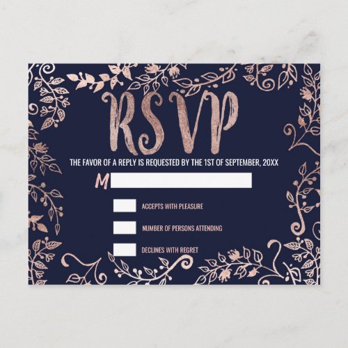 Rose Gold Floral Navy Blue Brush Script RSVP Invitation Postcard