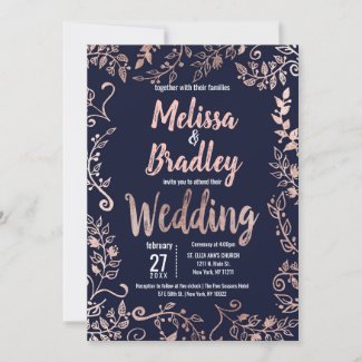Rose Gold Dark Blue Wedding Invitation with Glitter Florals and Leaves