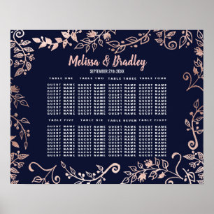 Rose Gold Floral Navy Blue Brush Seating Chart
