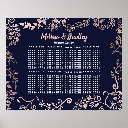 Rose Gold Floral Navy Blue Brush Seating Chart